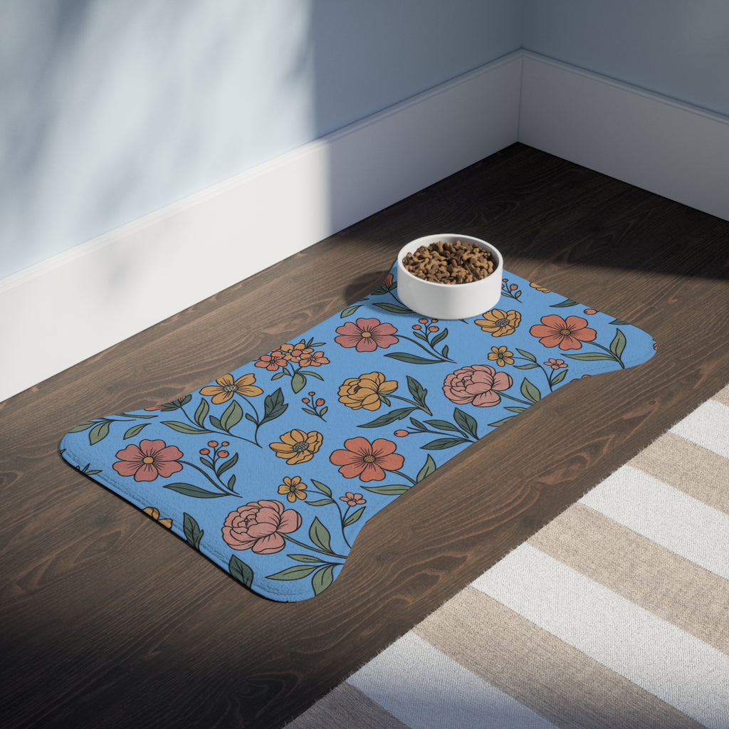 Light Blue Floral Pet Feeding Mat