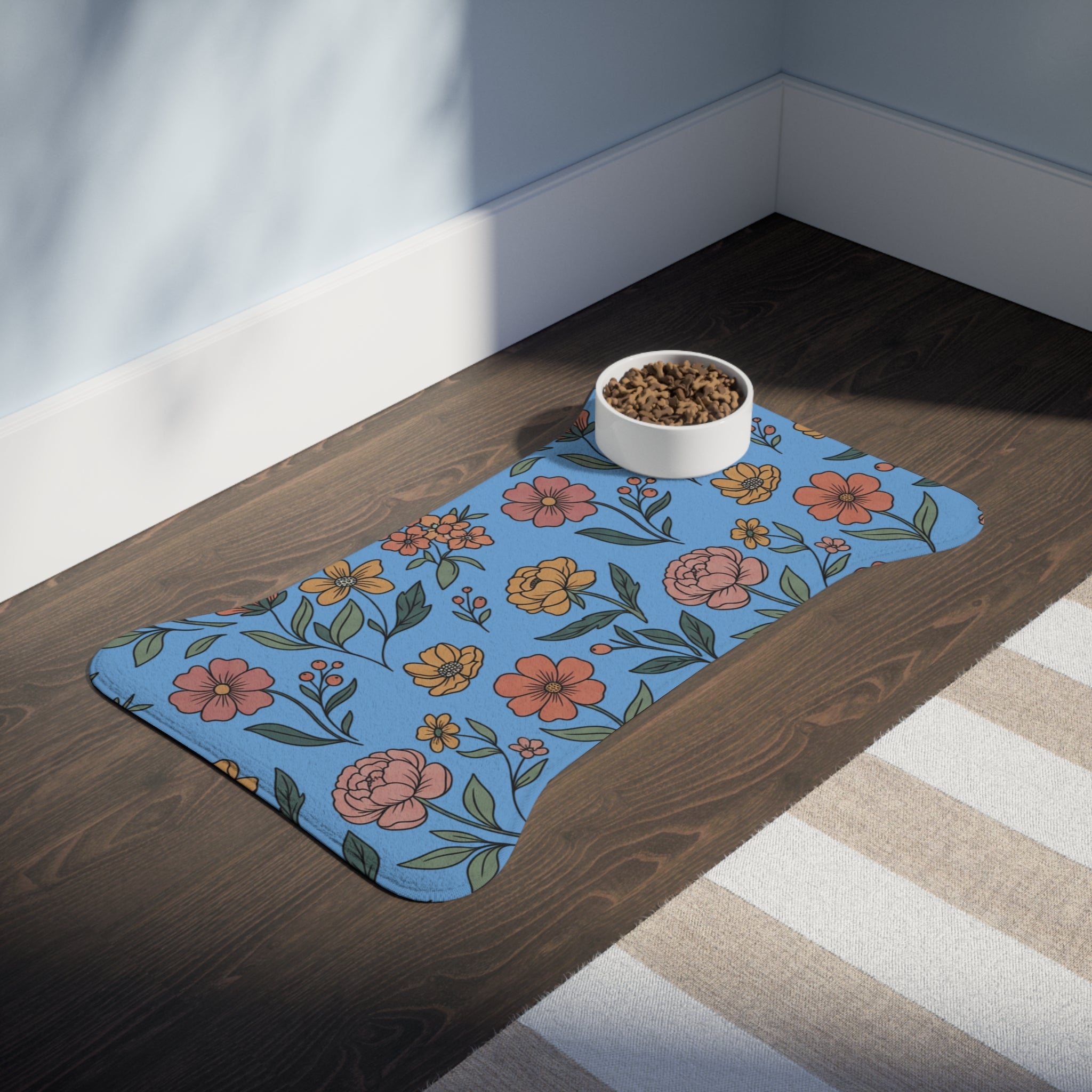 Light Blue Floral Pet Feeding Mat
