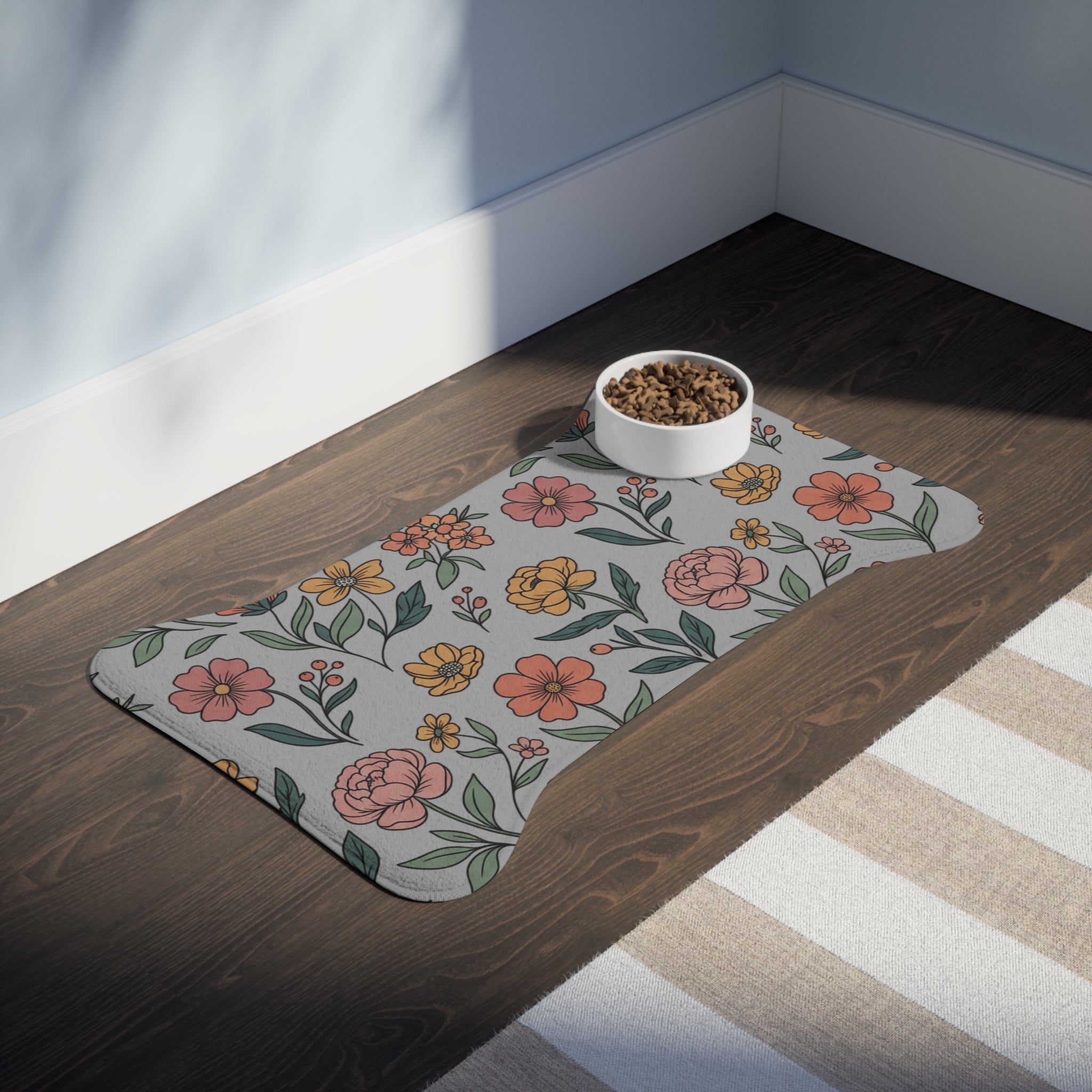 Grey Floral Pet Feeding Mat