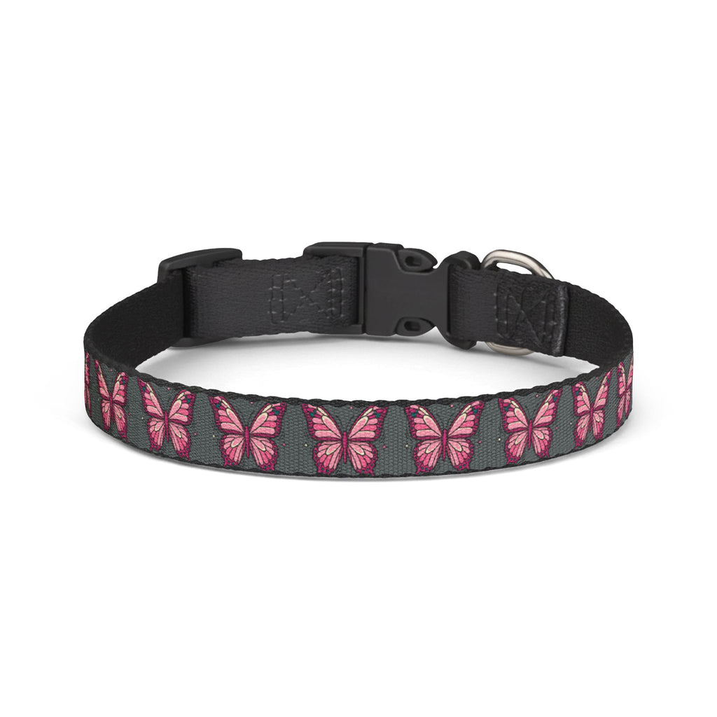 Grey Pet Collar With Pink Butterfly Pattern