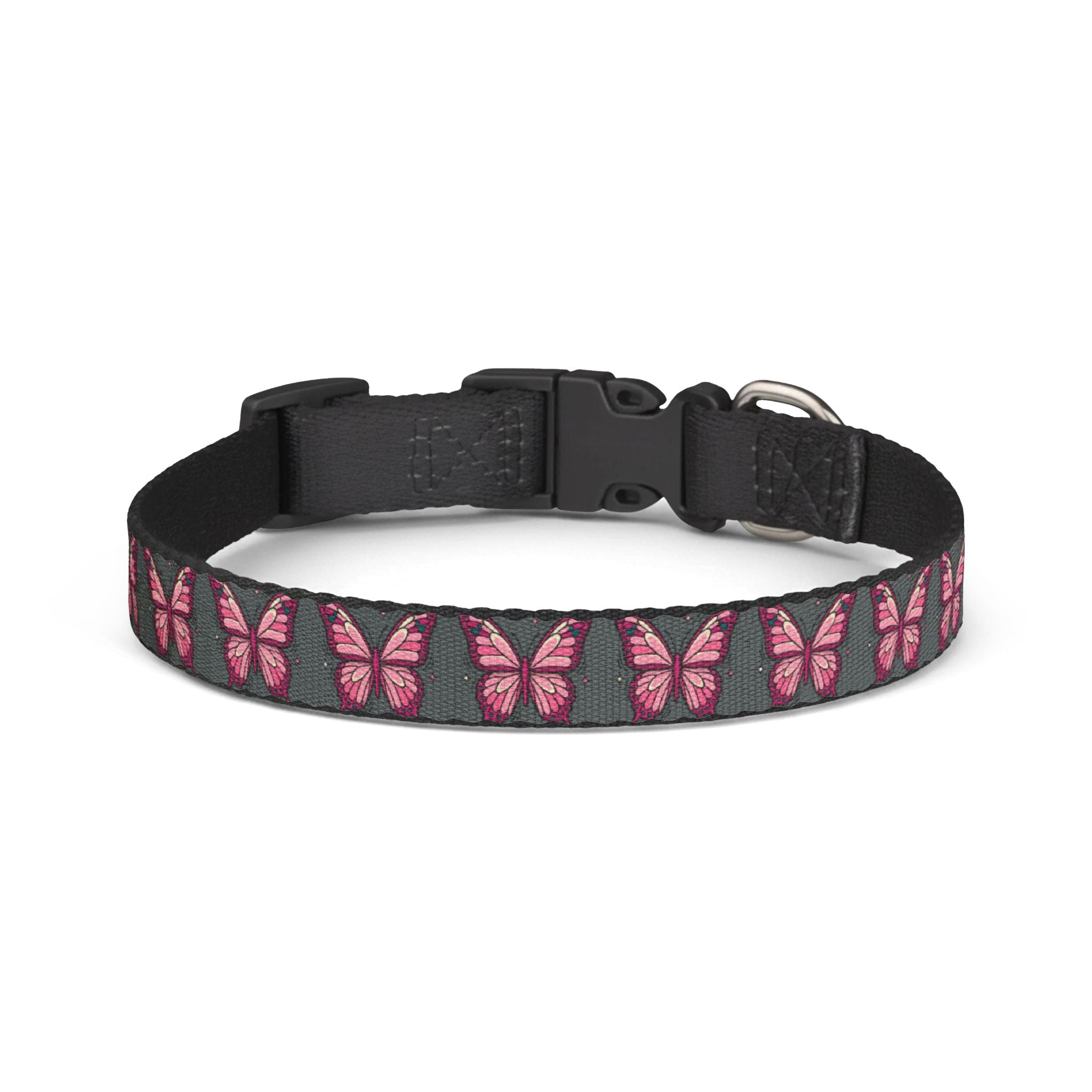 Grey Pet Collar With Pink Butterfly Pattern