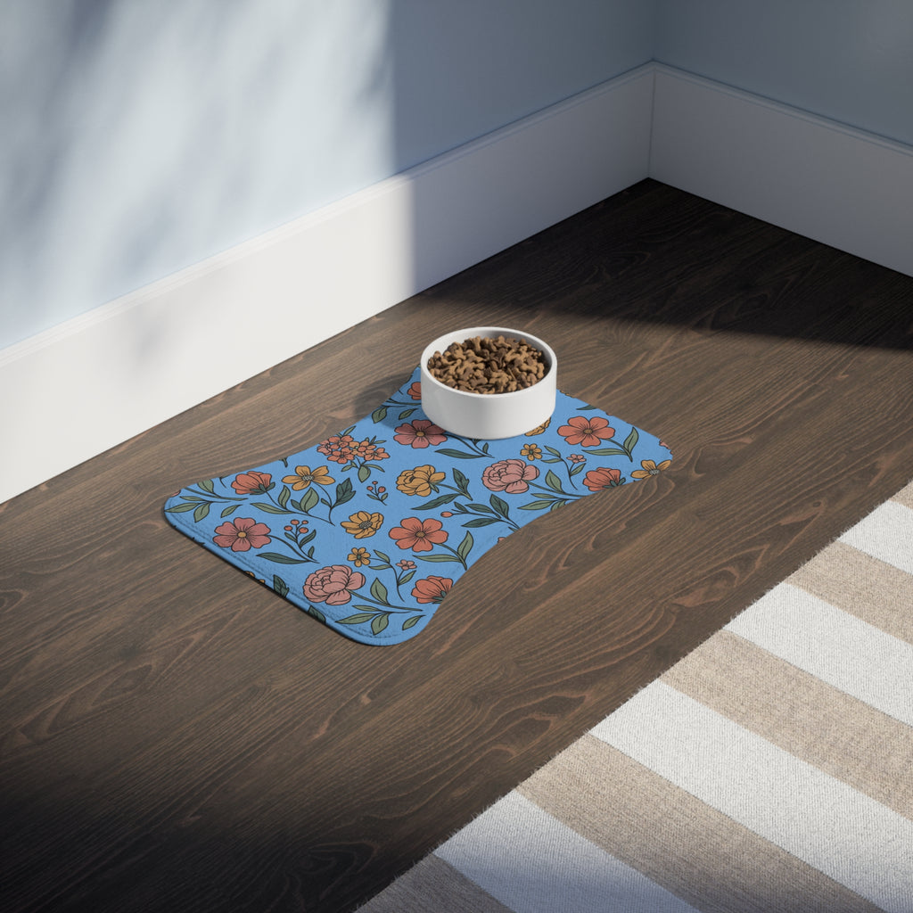 Light Blue Floral Pet Feeding Mat
