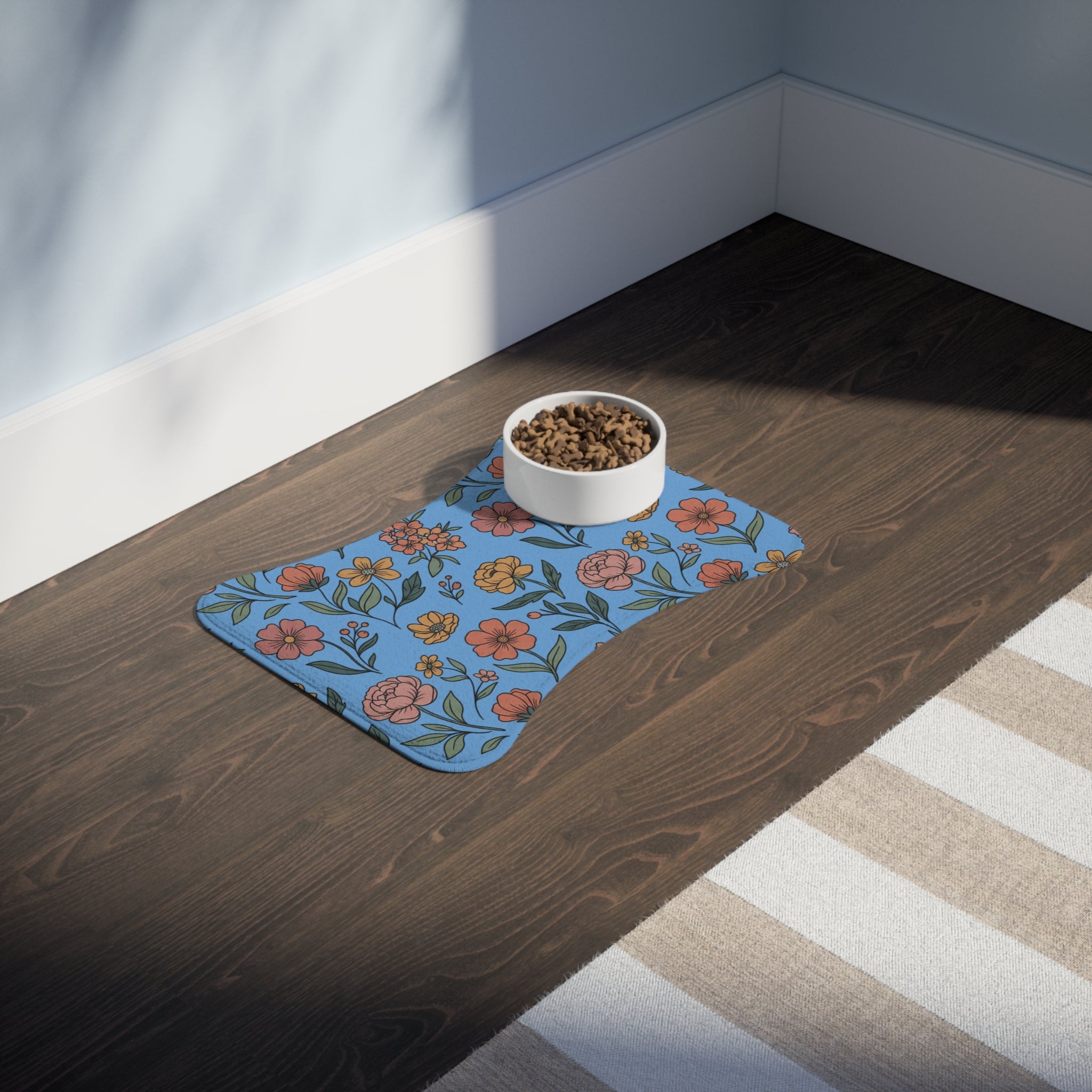 Light Blue Floral Pet Feeding Mat