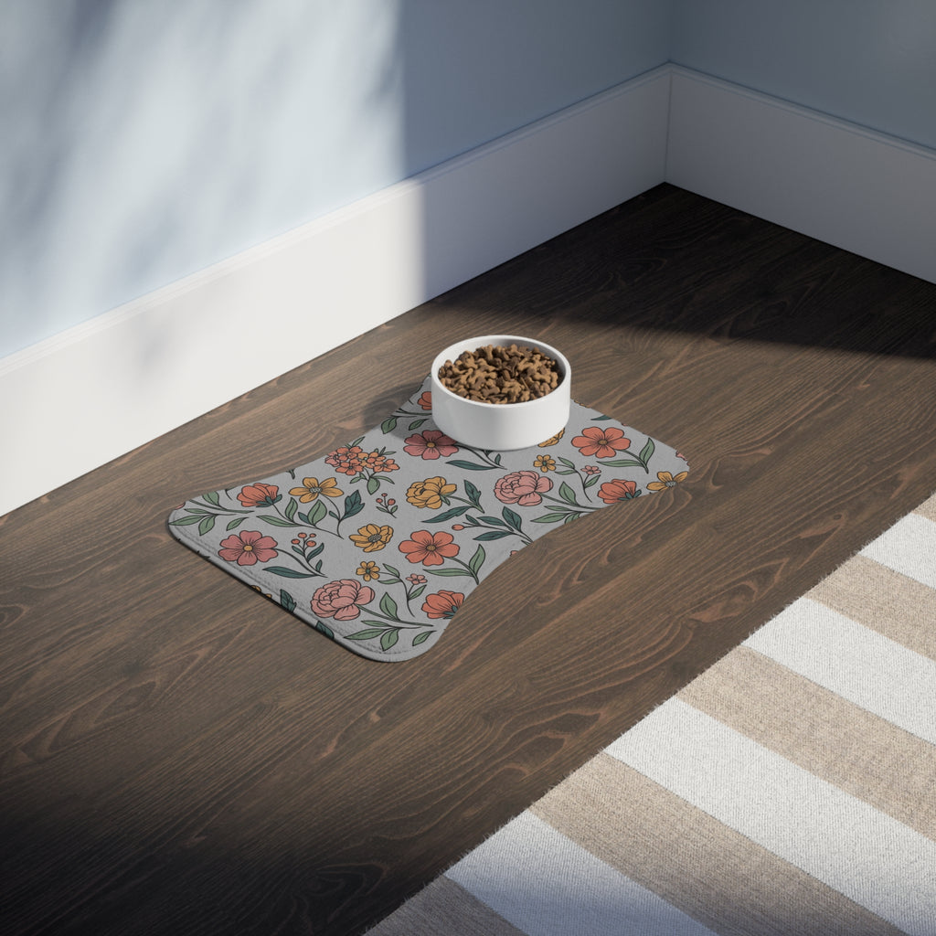 Grey Floral Pet Feeding Mat