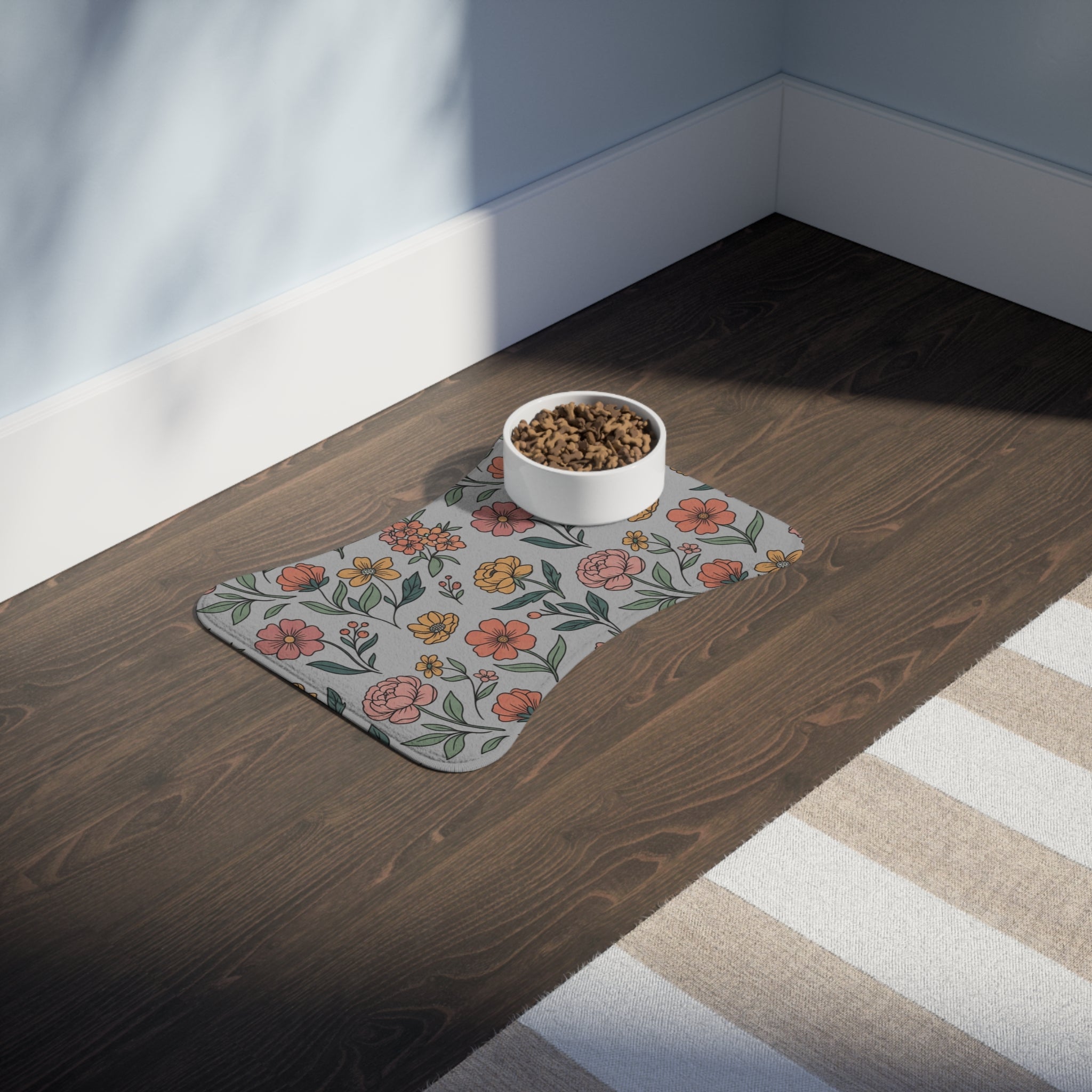 Grey Floral Pet Feeding Mat