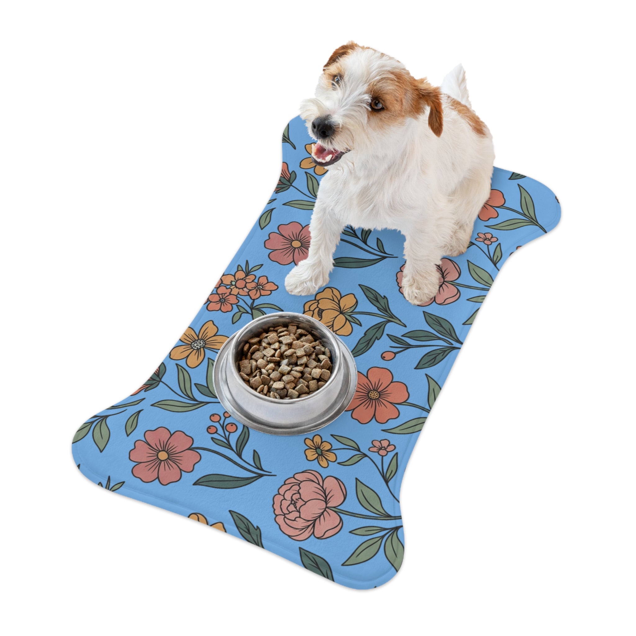 Light Blue Floral Pet Feeding Mat