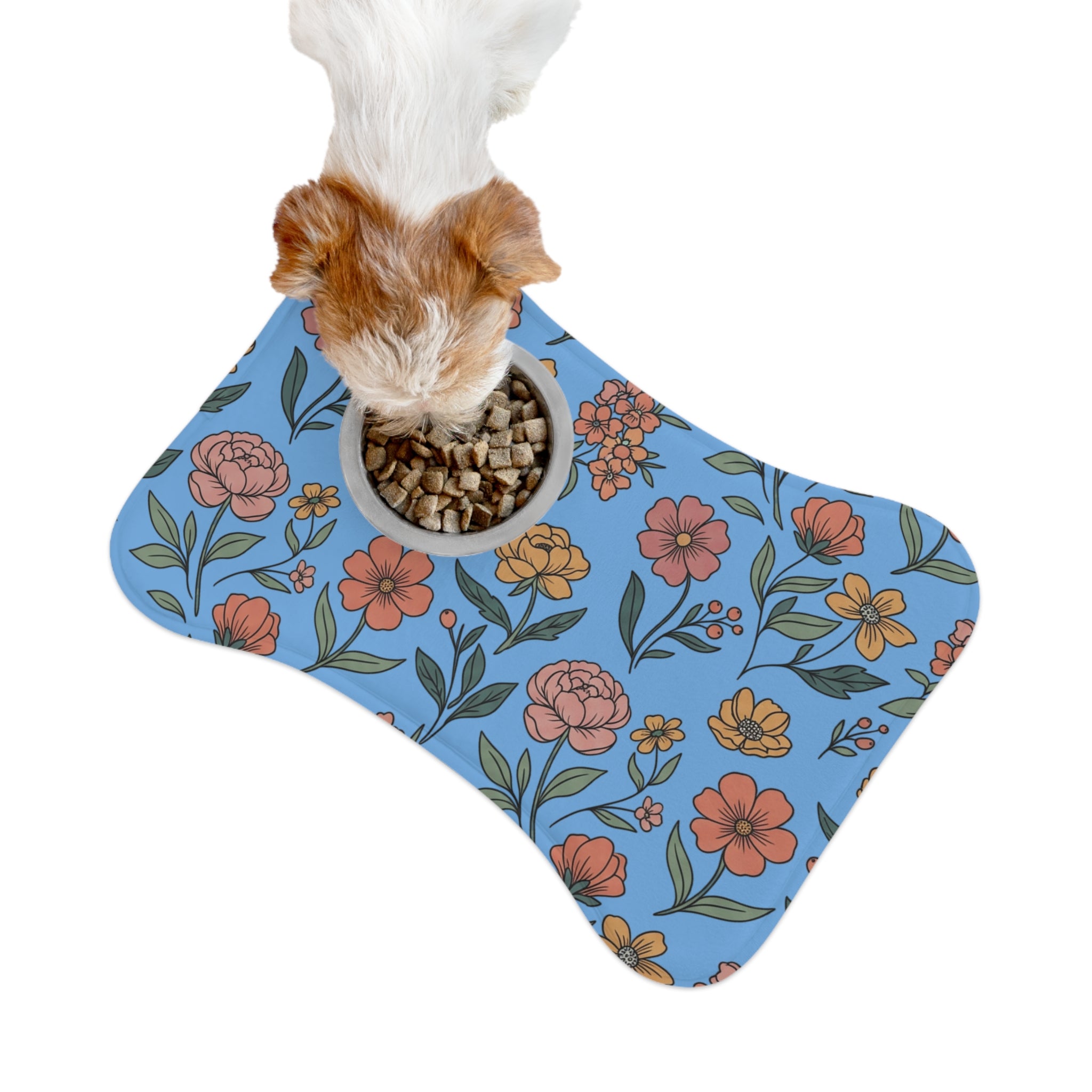 Light Blue Floral Pet Feeding Mat